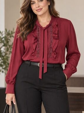 Nanette Nanette Lepore Burgundy Ruffle Tie-Neck Blouse Large